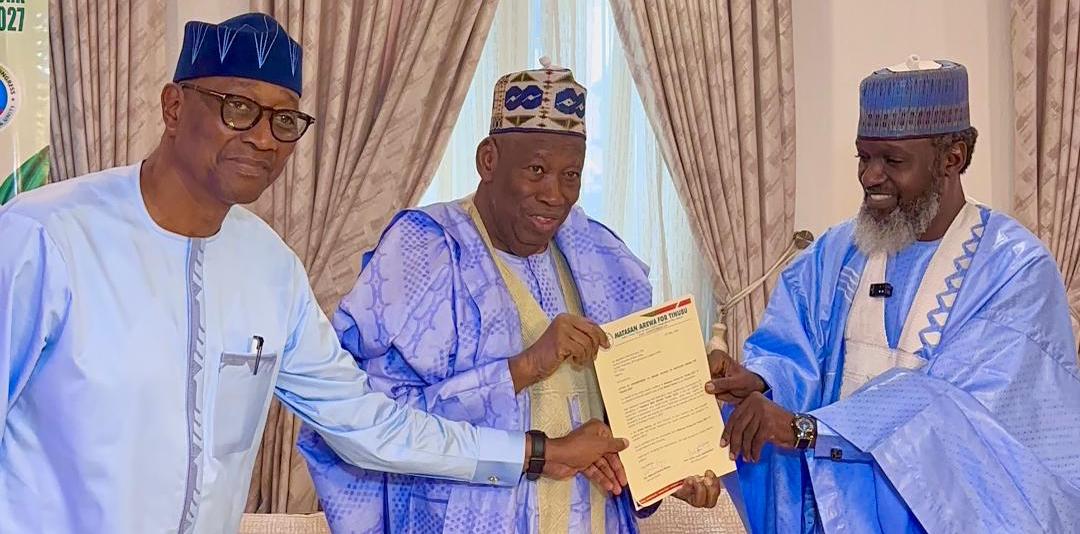 Chief of Staff to Dr. Abdullahi Umar Ganduje, Muhammad Garba (first left), alongside his principal, Dr. Abdullahi Umar Ganduje, during a courtesy visit by the Director General of Matasan Arewa for Tinubu (MAT) 2027, Hon. Mahmud Babaliya Aftaka.